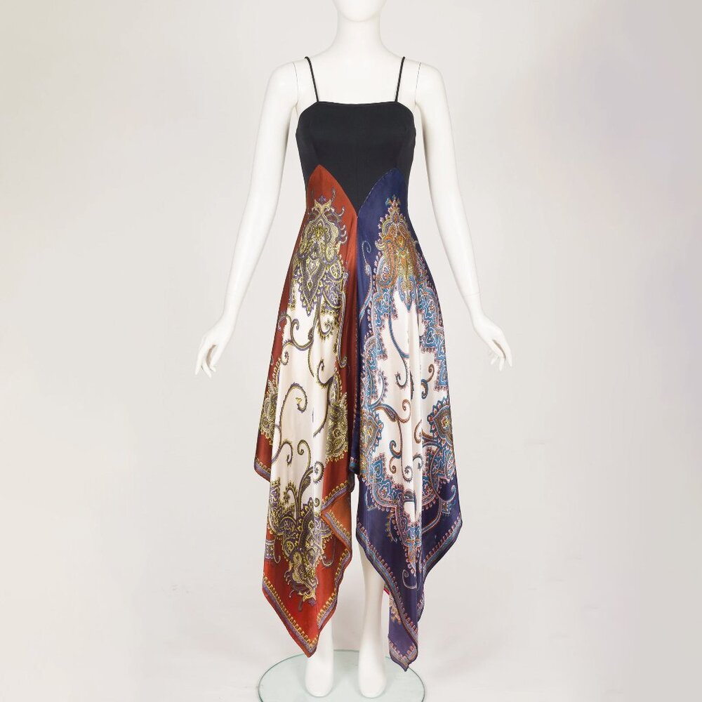 1970s Vintage Printed Scarf Skirt Handkerchief Hem Maxi Dress Sz XS - Picture 2 of 9